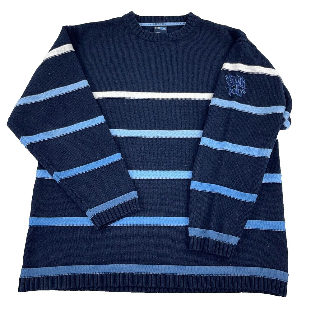 Vintage Y2K South Pole Sweater Men XL Blue Striped Knit‎ Baggy Hip Hop Graffiti